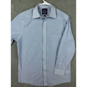 Stafford Shirt Men 16 32-33 Blue Gingham Check Dress Fitted Travel Shirt Preppy